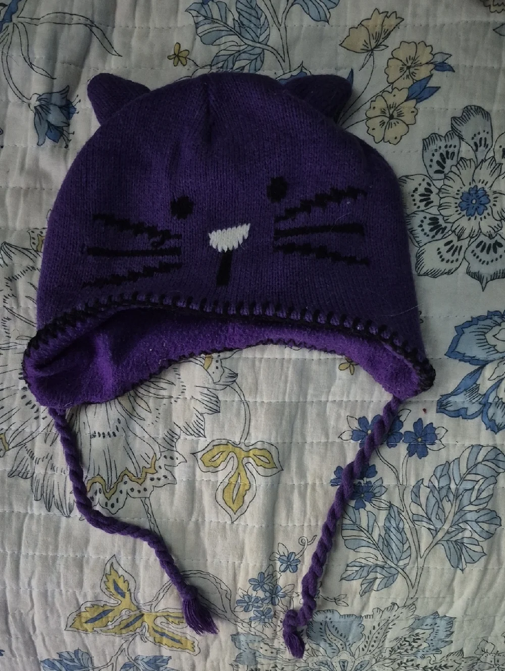 Cozy Purple Cat Ear Knit Beanie with Braided Ties